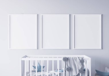 Çocuk odasında poster çerçevesi, İskandinav tarzı yeni doğan oda iç plan, 3 boyutlu resim, 3 boyutlu resim