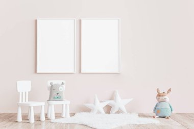 Modern minimalist, çocuk odası, boş çerçeve pastel renkler, 3 boyutlu çizim, 3 boyutlu illüstrasyon.