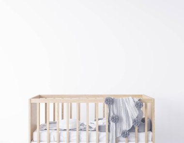 Mock Up boş Duvar Modern İç plan, bebek odası tasarımı, bebek odası modeli, İskandinav tarzı, 3D çizim, 3D resim
