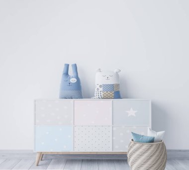 İç dekorasyon odası modeli, renkli göğüs çekmecesi, içi doldurulmuş hayvanlar ve parlak iç planda rattan sepeti, 3D görüntüleme.