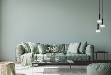Oturma odasının iç dekorasyonu, modern mobilyalar ve renkli arka planda moda ev aksesuarları.