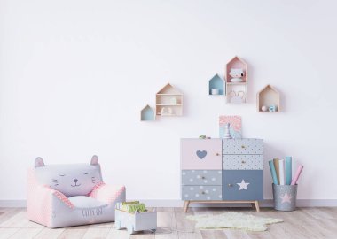 Yeni doğmuş İskandinav bebek odası oyuncaklarla dolu. Boş arka plan duvarları, ahşap parke ve pastel renkleri olan modern iç mekan, 3 boyutlu çizim, 3 boyutlu illüstrasyon