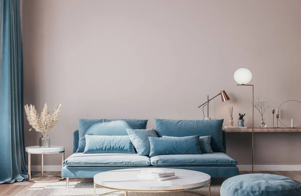 客厅里时髦的现代室内装潢 有时髦的家居用品 大理石咖啡桌 干花和蓝色沙发 — 图库照片