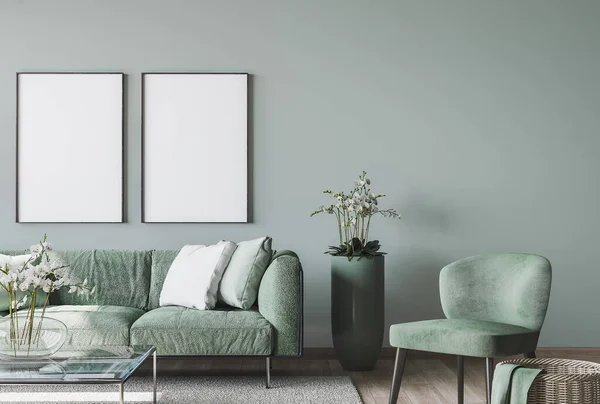 Wohnzimmermock Rahmen Moderne Möbel Und Trendige Wohnaccessoires Auf Farbigem Hintergrund — Stockfoto