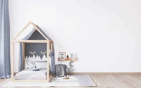 Kinderschlafzimmer Attrappe Skandinavischen Stil Holzbett Und Pastellfarben — Stockfoto