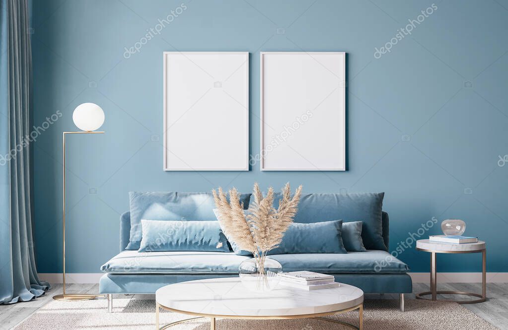 stylish mockup frame for modern interior of living room with trending home accessories, marble coffee table, dried flowers, and blue sofa.