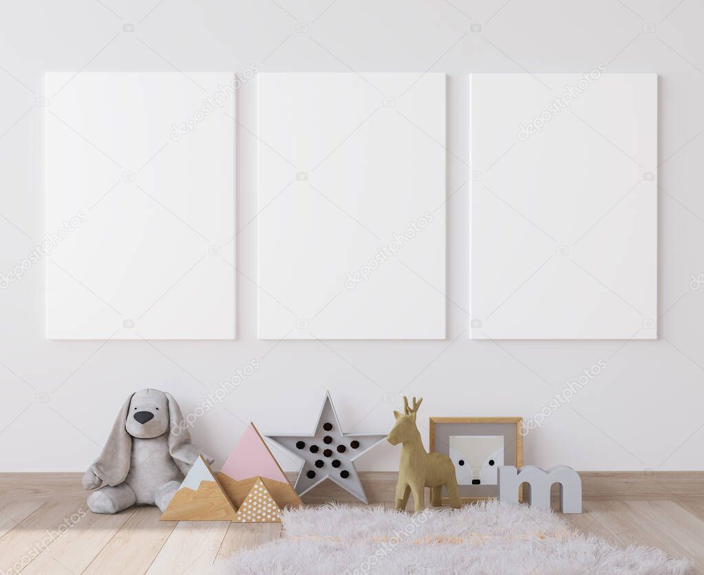 Mock up poster frame in children playroom, Scandinavian interior style in bright background, 3D render