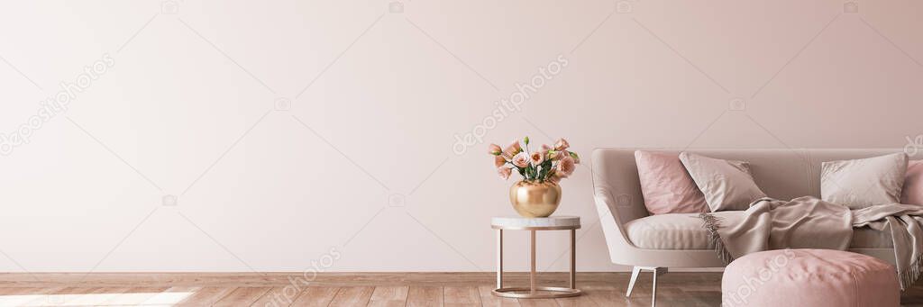 interior design for living area with stylish home accessories on bright pink background