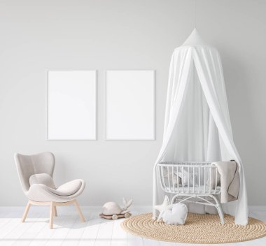 Çerçeveyi Yapılandır Çiftlik Evi 'nin iç planında bebek odasında, bebek odası modelinde, İskandinav tarzında, 3D canlandırmada