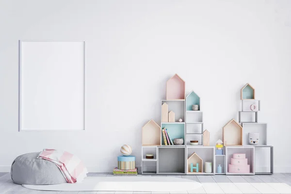 在婴儿房的室内装饰海报框架 明亮的白色背景的木制玩具 — 图库照片