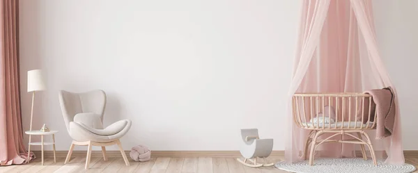 婴儿房的全景内饰斯堪的纳维亚风格 藤床与粉红色篷 米黄色扶手椅和木制玩具空明亮的背景 时髦的最小设计 — 图库照片