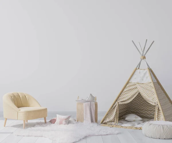 Kinderspielzimmer Mit Zelt Sessel Rattankorb Und Sternförmigem Teppich Hellen Skandinavischen — Stockfoto