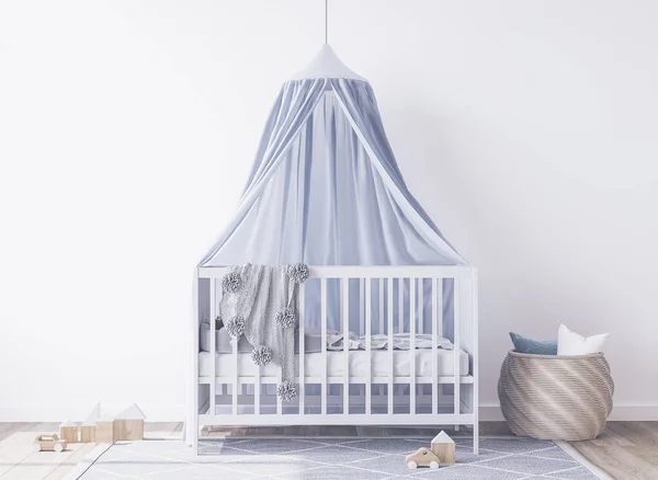 新生儿卧室的内部 白色婴儿床 蓝色顶篷 最低室内设计 3D渲染 — 图库照片