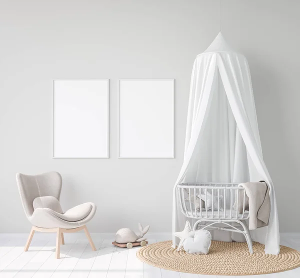 婴儿房 婴儿房 斯堪的纳维亚风格 3D渲染的农舍室内环境中的模拟框架 — 图库照片
