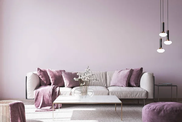 现代沙发上的浅粉色墙壁背景与时髦的家居配件 室内装饰 豪华客厅 — 图库照片