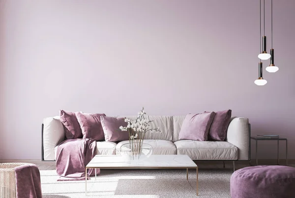 Modern sofa on light pink wall background with trendy home accessories, home decor interior, luxury living room