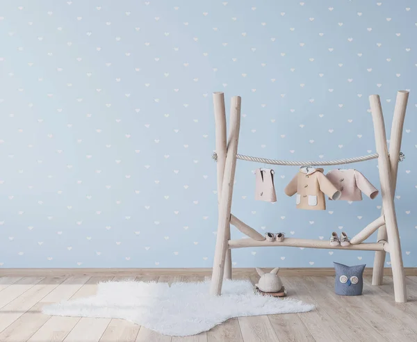 Gemütliches Hellblaues Kinderzimmer Mit Natürlichen Holzmöbeln Niedliche Blaue Tapete Kinderzimmer — Stockfoto