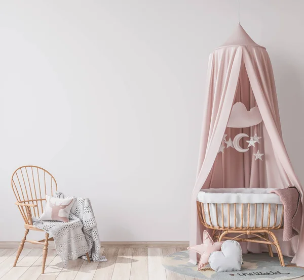 北欧のインテリアスタイルの子供部屋のための天然木製の家具 明るい新生児の寝室の空の壁 3Dレンダリング — ストック写真