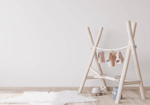 儿童用的天然木制家具 北欧风格的房间 明亮婴儿房中空旷的白色墙壁 3D渲染 — 图库照片