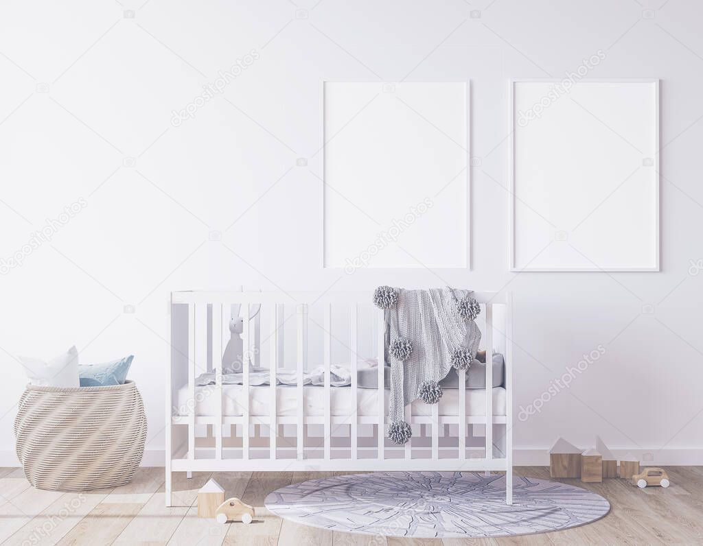 Mock up frame in newborn bedroom, two white frames on gray background interior with white crib and rattan basket