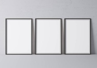 Siyah dikey çerçeve modeli. Gri zeminde duran çerçeve posteri. 3B illüstrasyonlar.