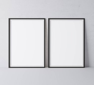 Siyah dikey çerçeve modeli. Gri zeminde duran çerçeve posteri. 3B illüstrasyonlar.