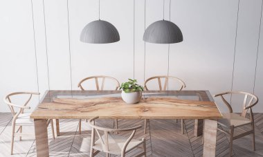 Gri lambalı ahşap parlak yemek odası 