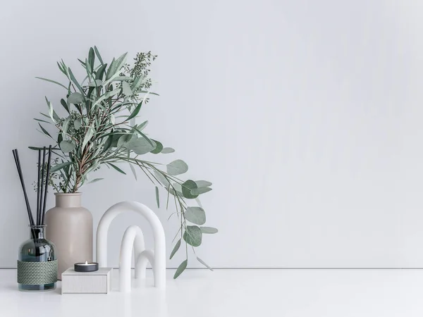 Minimale Innenmock Nahaufnahme Für Eukalyptus Auf Weißem Hintergrund Render — Stockfoto