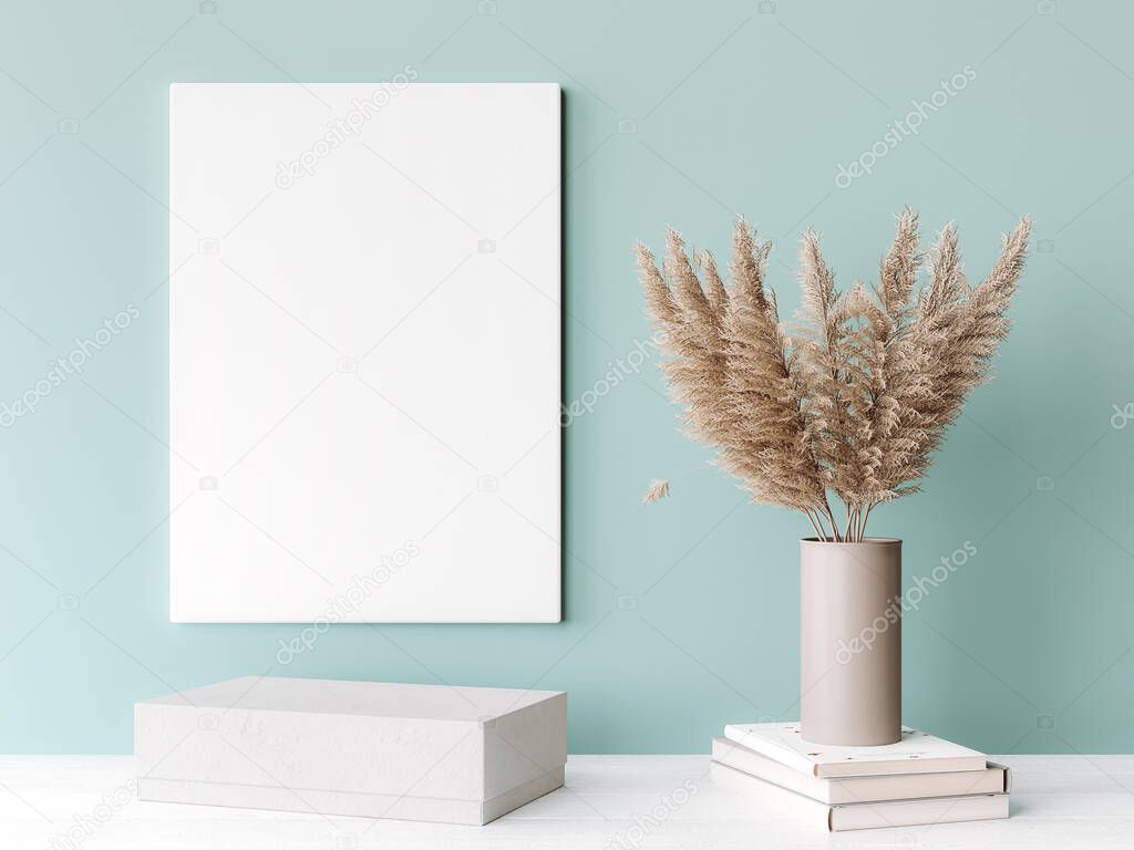 Interior frame mockup with vertical white canvas on green wall with dried pampas 