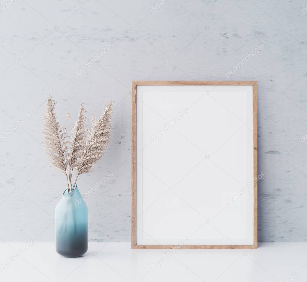 Mock up frame in minimal interior with blue vase and dried pampas, Scandinavian style, 3D render