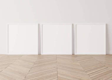 Beyaz ahşap çerçeveler taklit edilir. Ahşap zeminde duran üç poster, üç boyutlu illüstrasyon