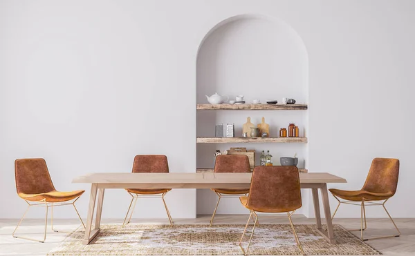 Design Intérieur Salle Manger Moderne Avec Mobilier Orange Table Bois — Photo