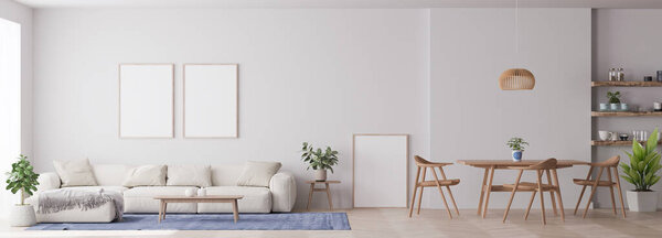 Stylish living room in Scandinavian interior with three empty frames and elegant accessories. Beautiful beige sofa, Template of Modern home staging. panorama mock up