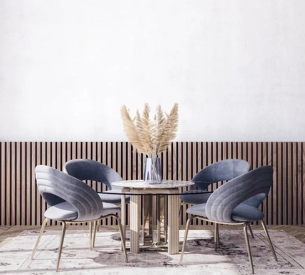 Design Interiores Escandinavos Sala Jantar Azul Com Decoração Madeira Flor — Fotografia de Stock