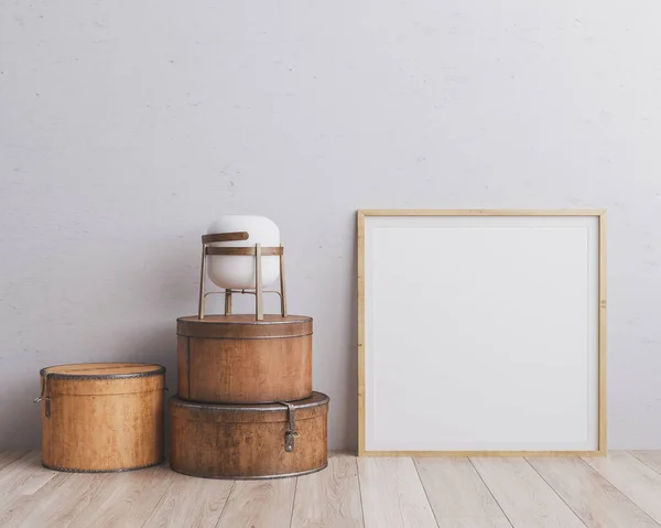 Wooden square frame mock-up on gray wall, Scandinavian design