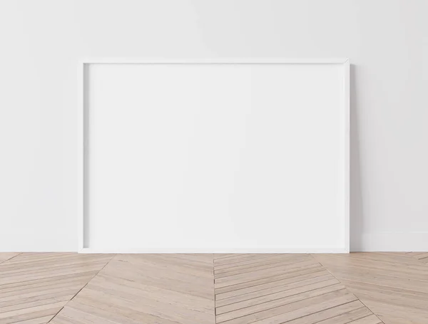 白色木制框架模型 木制地板上的横向海报 — 图库照片