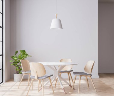 Boş duvar modern iç yemek masasında maket yapıyor. 