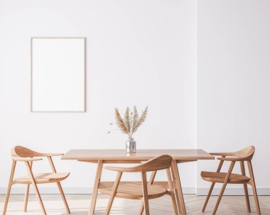 Parlak ahşap iç mekan yemek odası. 