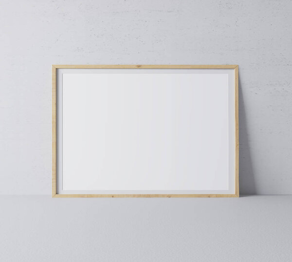 Horizontal wooden empty frame in modern design on minimal gray background, A3, A4 size
