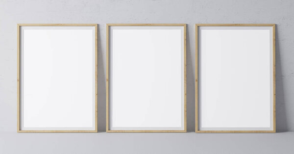 Vertical wooden empty frames in modern design on minimal gray background