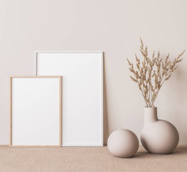 İskandinav iç plan, oturma odası, modaya uygun ev dekorasyonu, 3D çizim, 3D resim