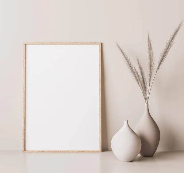 Vertical wooden frame mock up. Wooden frame poster, and simple vase with pampas on beige wall. 3D illustrations.