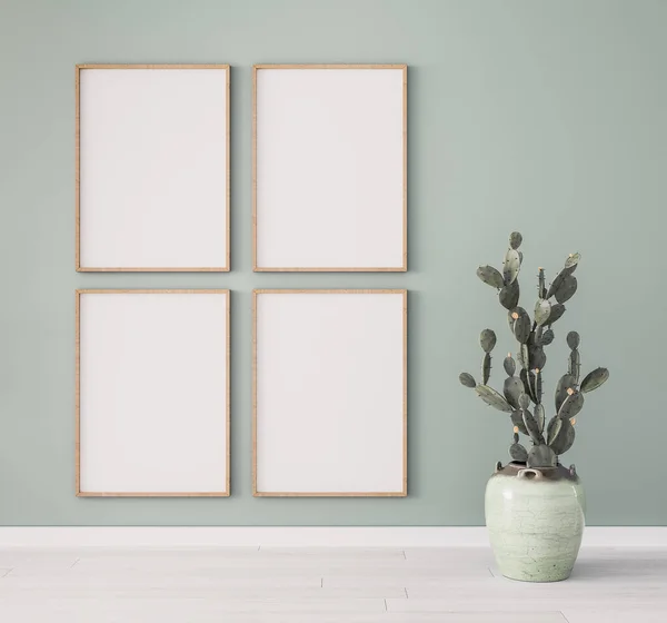 Minimal Frame Mock Design Four Wooden Frames Pastel Green Wall — Stock Photo, Image