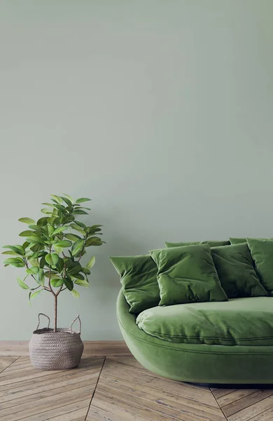 Green simple sofa in modern interior style, rattan basket on empty green wall