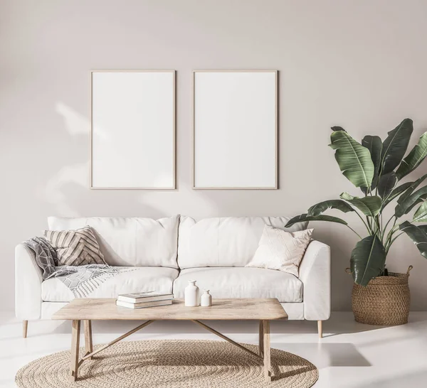 Mock Frame Poster Scandinavische Woonkamer Met Witte Bank Houten Salontafel — Stockfoto