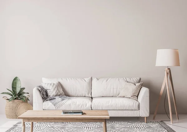 Scandinavian Living Room Design Wooden Table Floor Lamp Wicker Basket — Stock Photo, Image