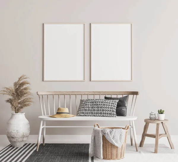 Mock Frame Poster Scandinavian Living Room White Wooden Seat Wooden — Stock Photo, Image