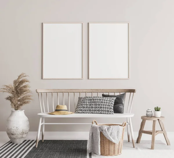 Falsa Cornice Poster Soggiorno Scandinavo Con Seduta Legno Bianco Tavolo — Foto Stock