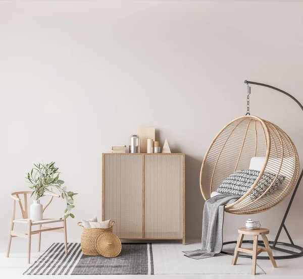 Desain Interior Trendy Untuk Ruang Tamu Dengan Kursi Kayu Alami — Stok Foto