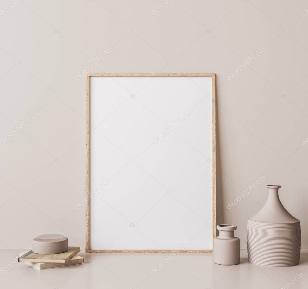 Vertical wooden frame mock up. Wooden frame poster, and simple vase on beige wall.